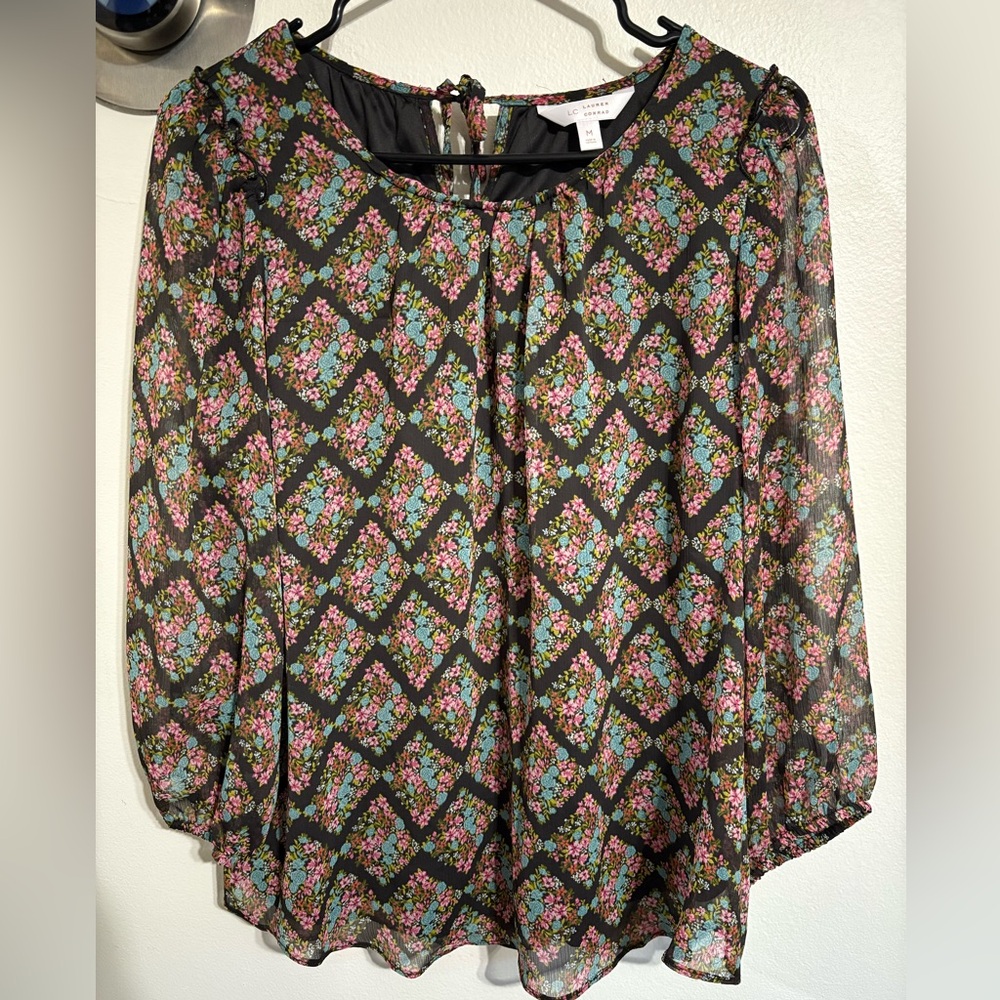 LC Lauren Conrad Black Floral Sheer Blouse